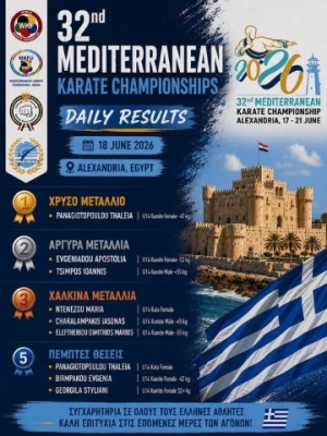 Σημαντικές διακρίσεις την 1η ημέρα των Ελλήνων Καρατέκα στο 32ο Μεσογειακό Πρωτάθλημα Καράτε
